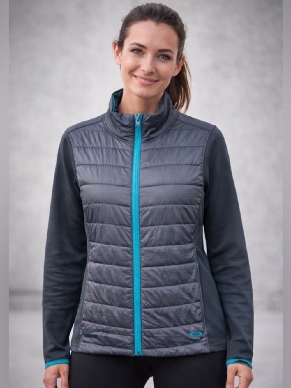 OAKLEY Women’s Compound Quilted Zip Up Black Puffer Jacket Teal Zipper Sz Large